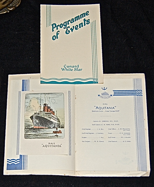 R. M. S. Aquitania, Cunard White Star Lines, List of Cabin Passengers and Programme of Events (Sunday, February 26, 1939).